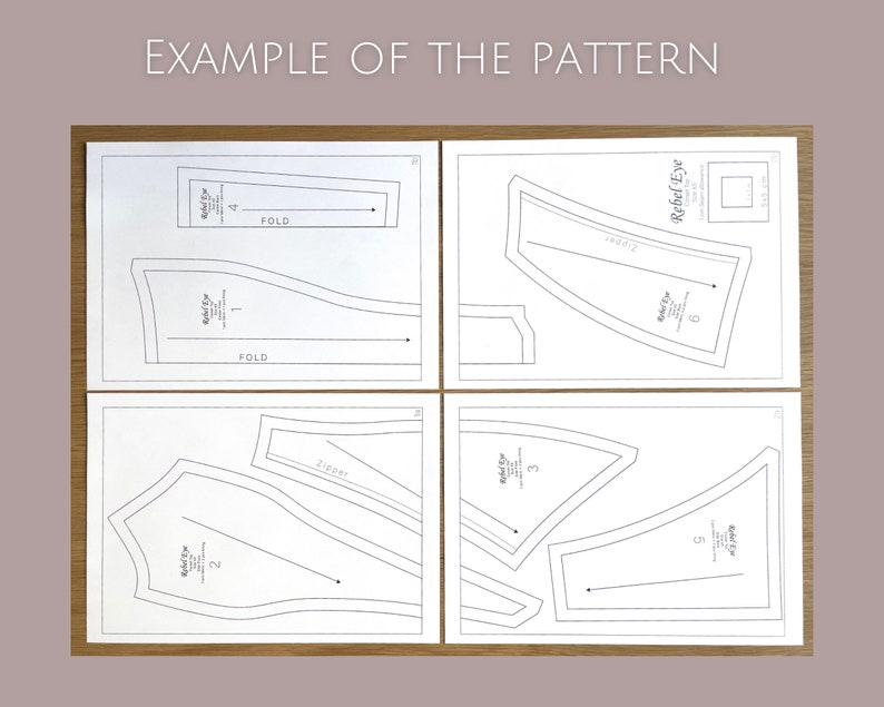 May include: Four white paper pattern pieces for a sewing project. The pieces are labeled with numbers 1 through 4 and the words "Fold" and "Zipper".