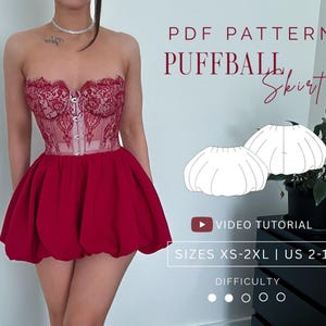 Könnte beinhalten: Ein PDF-Schnittmuster für einen Puffball-Rock mit rotem Spitzenkorsett und einem voluminösen, einfarbig roten Rock. Das Bild enthält den Text PDF PATTERN PUFFBALL SKIRT, VIDEO TUTORIAL, SIZES XS-2XL | US 2-12 und eine Schwierigkeitsanzeige.