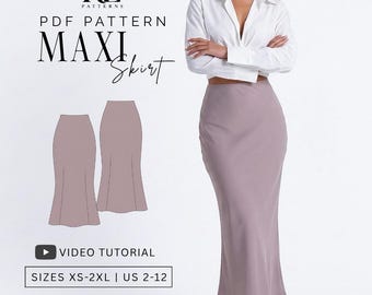 Puede incluir: Un patrón de costura en PDF para una falda larga de color malva etiquetado como RE PATTERNS. La imagen muestra un dibujo técnico de la falda y una fotografía de la falda con una camisa blanca. El texto incluye VIDEO TUTORIAL, SIZES XS-2XL, US 2-12.