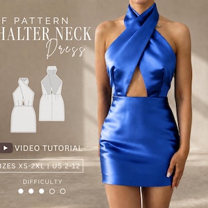 Pode incluir: Um vestido halter de cetim azul royal com corpete cruzado e recorte na cintura. A imagem inclui o texto PDF PATTERN HALTER NECK DRESS, VIDEO TUTORIAL, SIZES XS-2XL | US 2-12, DIFFICULTY e um desenho técnico linear do vestido.