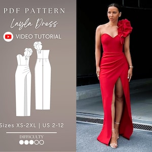 One Shoulder Corset Sweetheart Ruffle Dress Pdf Sewing Pattern Sizes XS-2XL | US 2-12