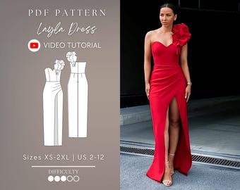 One Shoulder Corset Sweetheart Ruffle Dress Pdf Sewing Pattern Sizes XS-2XL | US 2-12