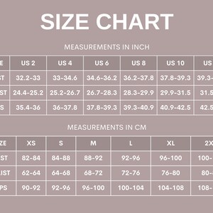 May include: Size chart for clothing with measurements in inches and centimeters. The chart shows bust, waist, and hip measurements for US sizes 2 through 12 and XS through 2XL.
