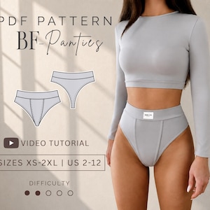 Puede incluir: Un patrón PDF para BF-Panties que incluye un top corto de manga larga gris claro y ropa interior de talle alto. La imagen incluye dibujos técnicos de línea de la ropa interior, un icono de tutorial en video, tallas XS-2XL o US 2-12 y dificultad.