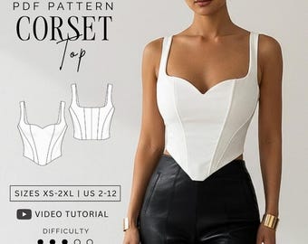 Patron de couture PDF pour bustier corset à décolleté cœur, tailles XS à 2XL (US 2-12)