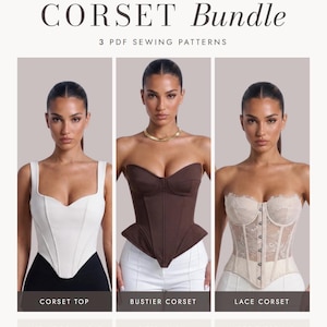 May include: A digital bundle of three PDF sewing patterns titled RE PATTERNS CORSET BUNDLE. The image displays a white corset top, a brown bustier corset, and a beige lace corset, with text indicating sizes XS-2XL and video tutorials.