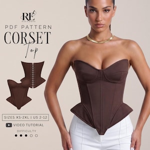 Patrón de costura en PDF para top tipo corsé bustier, tallas XS-2XL / EE. UU. 2-12