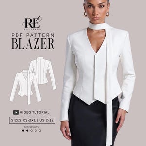 May include: A white blazer with a V-neckline and an attached scarf-like neck tie. The text reads RE PATTERNS PDF PATTERN BLAZER, VIDEO TUTORIAL, SIZES XS-2XL | US 2-12, and DIFFICULTY. A line drawing shows the front and back views of the blazer.