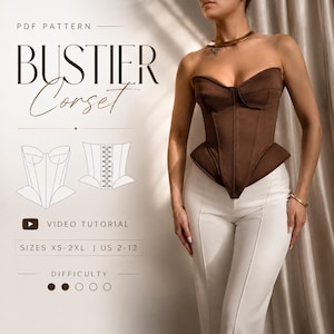 Patrón de costura en PDF para top tipo corsé bustier, tallas XS-2XL / EE. UU. 2-12