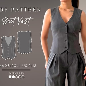 May include: A gray pinstripe suit vest with a V-neck and button closure. The image includes a PDF pattern graphic and text that reads "Suit Vest" and "Sizes XS-2XL | US 2-12". The difficulty level is indicated as moderate.