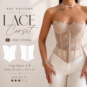 Patrón de costura en PDF para top tipo corsé bustier de encaje, tallas XS-2XL / EE. UU. 2-12