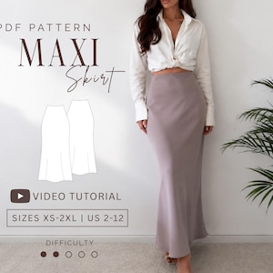 Jupe longue en soie/satin Patron de couture PDF : XS-2XL | États-Unis 2-12