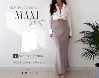 May include: A taupe maxi skirt paired with a white button-down shirt. The image includes text reading PDF PATTERN MAXI SKIRT, VIDEO TUTORIAL, SIZES XS-2XL | US 2-12, and DIFFICULTY with a graphic showing two skirt outlines and a progress indicator.