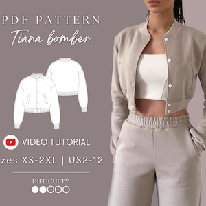 Giubbotto bomber / Giubbotto college / Felpa modello di cucito in formato PDF taglie XS-2XL / US 2-12