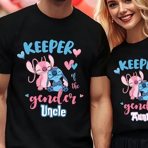 May include: Two black t-shirts with a pink and blue Stitch character design. The text on the shirts reads "Keeper of the 'gender' Uncle" and "Keeper of the 'gender' Auntie".
