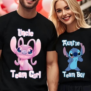 May include: Two black t-shirts with a cartoon character design. The shirt on the left has a pink Stitch character with the text "Uncle Team Girl". The shirt on the right has a blue Stitch character with the text "Auntie Team Boy".