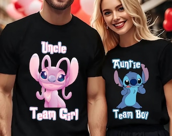 Camiseta personalizada con mensaje de género de Stitch y ángel: Equipo niño, Equipo niña, anuncio de bebé personalizado