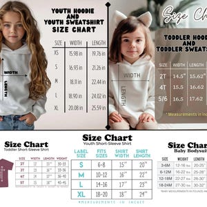 Puede incluir: Tabla de tallas para sudaderas con capucha y sudaderas para j&oacute;venes, sudaderas con capucha y sudaderas para ni&ntilde;os peque&ntilde;os, camisetas de manga corta para ni&ntilde;os peque&ntilde;os, camisetas de manga corta para j&oacute;venes y bodies para beb&eacute;s. La tabla incluye medidas en pulgadas para el ancho, la longitud y la longitud de la manga.