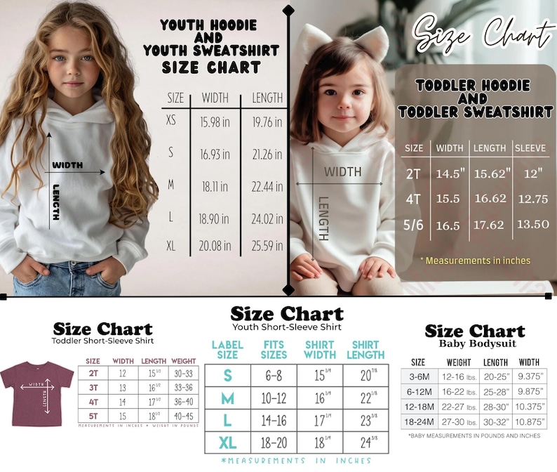 Puede incluir: Tabla de tallas para sudaderas con capucha y sudaderas para j&oacute;venes, sudaderas con capucha y sudaderas para ni&ntilde;os peque&ntilde;os, camisetas de manga corta para ni&ntilde;os peque&ntilde;os, camisetas de manga corta para j&oacute;venes y bodies para beb&eacute;s. La tabla incluye medidas en pulgadas para el ancho, la longitud y la longitud de la manga.