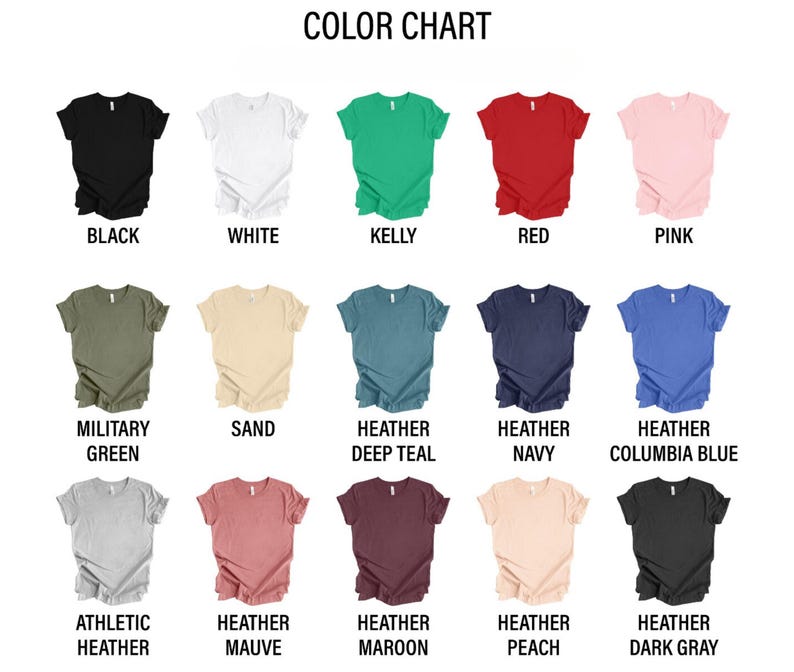 Puede incluir: Carta de colores que muestra 15 colores de camiseta diferentes. Los colores son: negro, blanco, verde kelly, rojo, rosa, verde militar, arena, azul oscuro jaspeado, azul marino jaspeado, azul columbia jaspeado, gris jaspeado atl&eacute;tico, malva jaspeado, granate jaspeado, melocot&oacute;n jaspeado y gris oscuro jaspeado.