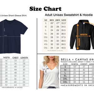 Puede incluir: Tabla de tallas para camisas de manga corta unisex, sudaderas y sudaderas con capucha. La tabla muestra las medidas en pulgadas para el ancho, el pecho, la longitud y la longitud de la manga. La tabla tambi&eacute;n incluye medidas para camisetas de cuello en V de jersey relajado para mujer.