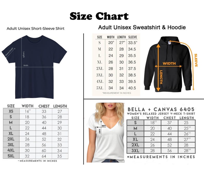 Puede incluir: Tabla de tallas para camisas de manga corta unisex, sudaderas y sudaderas con capucha. La tabla muestra las medidas en pulgadas para el ancho, el pecho, la longitud y la longitud de la manga. La tabla tambi&eacute;n incluye medidas para camisetas de cuello en V de jersey relajado para mujer.