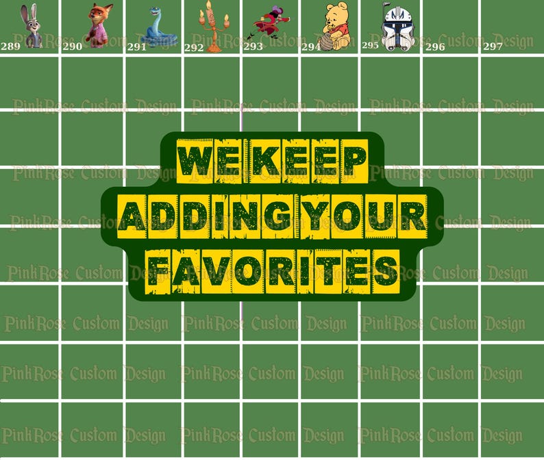 May include: Green background with a grid pattern and the text "WE KEEP ADDING YOUR FAVORITES" in yellow and green. The image also features cartoon characters such as a rabbit, fox, and Winnie the Pooh.