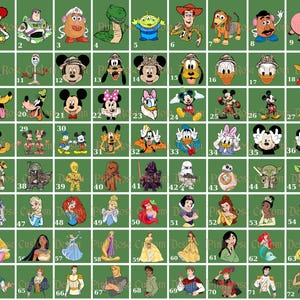 May include: A grid of cartoon character images on a green background. Characters include Disney's Mickey Mouse, Donald Duck, and various princesses. The images are in individual squares, each with a unique character.