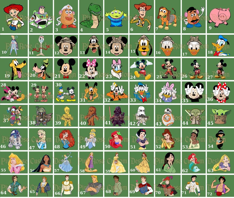 Puede incluir: Una cuadr&iacute;cula de im&aacute;genes de personajes de dibujos animados sobre un fondo verde. Los personajes incluyen a Mickey Mouse, el Pato Donald de Disney y princesas como Ariel y Blancanieves. Las im&aacute;genes est&aacute;n en cuadrados individuales.