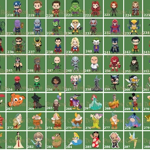 May include: A grid of cartoon character stickers, each with a unique design. The characters include superheroes, villains, and Disney figures. The stickers are numbered and set against a green background.
