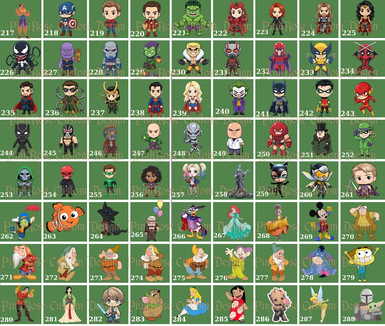 May include: A grid of cartoon character stickers, each with a unique design. The characters include superheroes, villains, and Disney figures. The stickers are numbered and set against a green background.