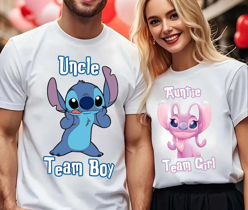 May include: Two white t-shirts with cartoon characters. The blue shirt says "Uncle Team Boy" and features Stitch. The pink shirt says "Auntie Team Girl" and features Angel.