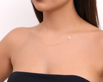 14k Gold Initial Necklace, Sideways Initial Necklace, Letter Necklace, Personalized Initial Necklace, Gift for her, Christmas Gift for mom