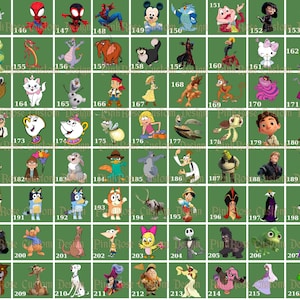 May include: A collection of cartoon character designs, including Spider-Man, Mickey Mouse, and Hello Kitty, arranged in a grid on a green background. Each character is distinct, with vibrant colors and recognizable features. The designs are likely for stickers or crafts.