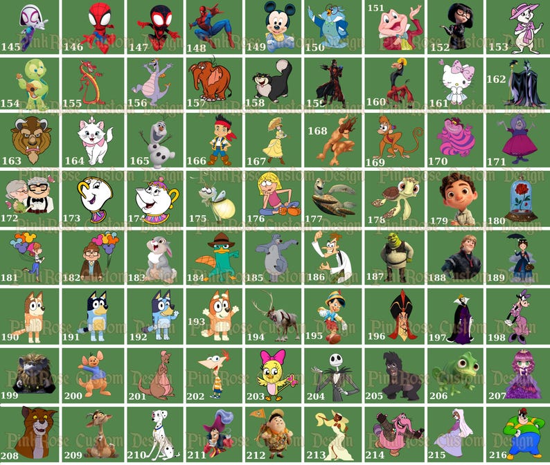 May include: A collection of cartoon character designs, including Spider-Man, Mickey Mouse, and Hello Kitty, arranged in a grid on a green background. Each character is distinct, with vibrant colors and recognizable features. The designs are likely for stickers or crafts.