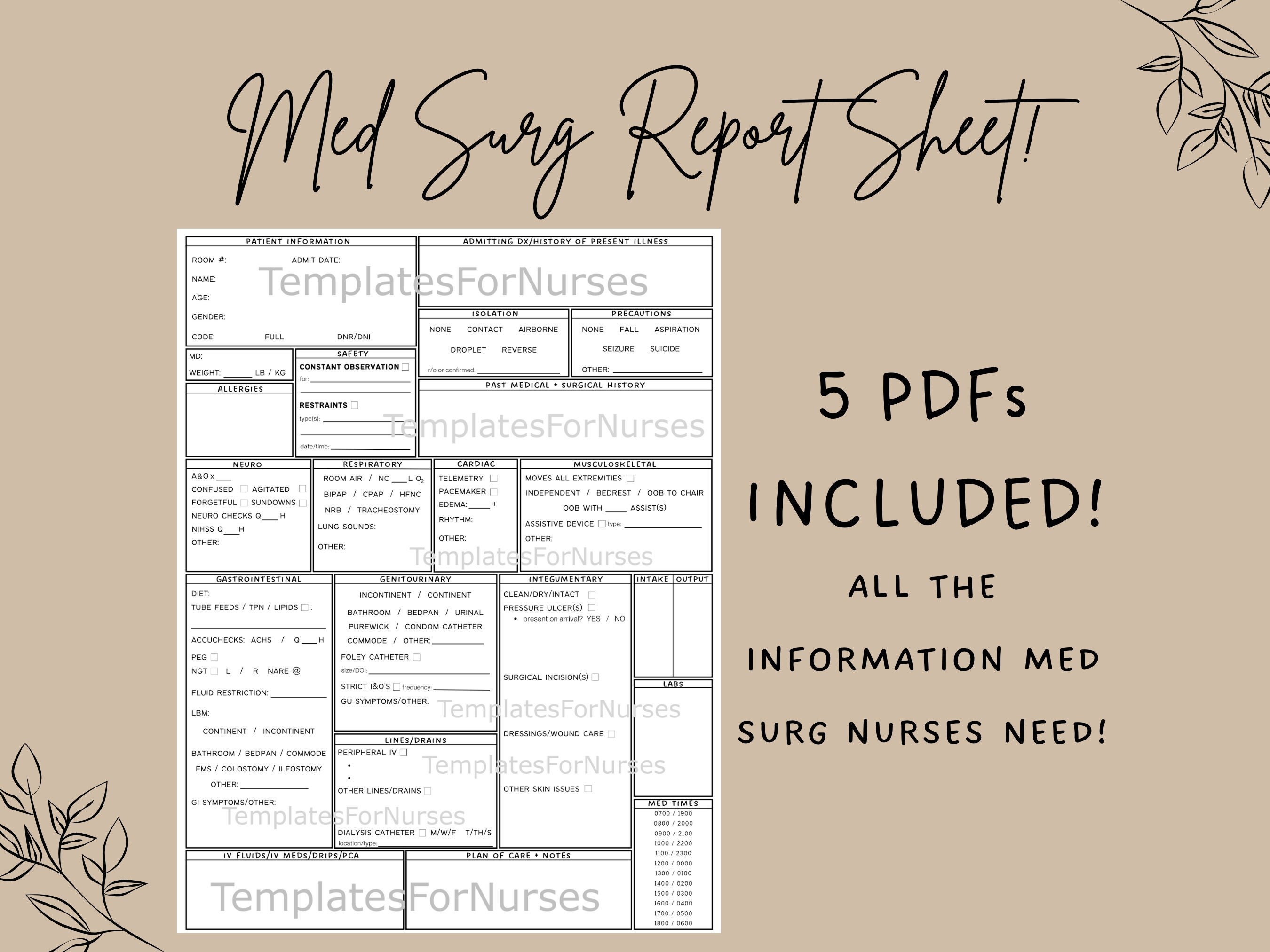 Nursing Report Sheet, Med Surg, Telemetry, Nurse Report Sheet for