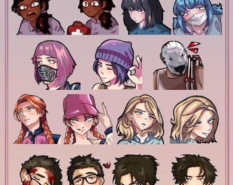 Könnte beinhalten: Eine Sammlung digitaler Emotes aus dem Spiel "Dead by Daylight". Die Emotes zeigen Charaktere mit unterschiedlichen Gesichtsausdrücken und Frisuren. Der Text "DEAD BY DAYLIGHT EMOTES" steht oben. Größenangaben sind ebenfalls enthalten.