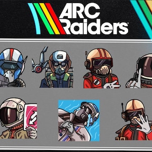 May include: A graphic with the text "ARC Raiders" and cartoon illustrations of characters in helmets and space suits. Some characters are holding weapons or cards. The color scheme includes red, blue, and yellow, with a retro rainbow design.