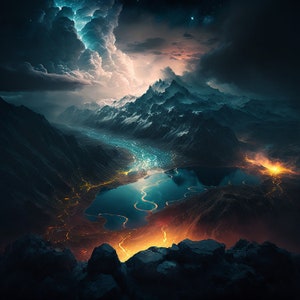 Könnte beinhalten: Ein digitales Gemälde einer Fantasy-Landschaft mit einem großen See in der Mitte. Der See ist von Bergen und einem Fluss umgeben, der durch die Berge fließt. Der Himmel ist dunkel und stürmisch, mit Wolken, die aussehen, als würden sie gleich regnen. Der See wird von einem hellen Licht beleuchtet, das ihn wie eine Stadt aussehen lässt.