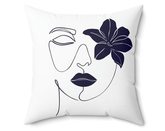 Minimalist Female Portrait with a Flower, Couch Pillow, Aesthetic Throw Pillow, Minimalist Pillow, Decorative Pillow, Accent Pillow