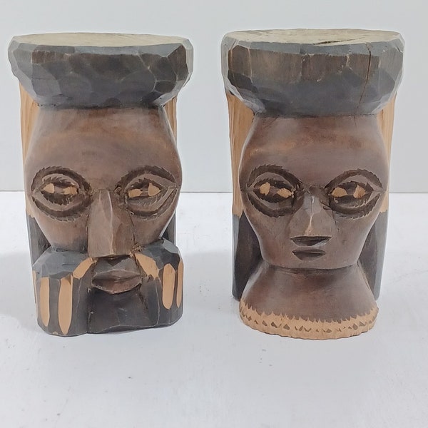 Vintage African Wood Hand Carved Man & Woman Statue Figurine Pedestal Crafted