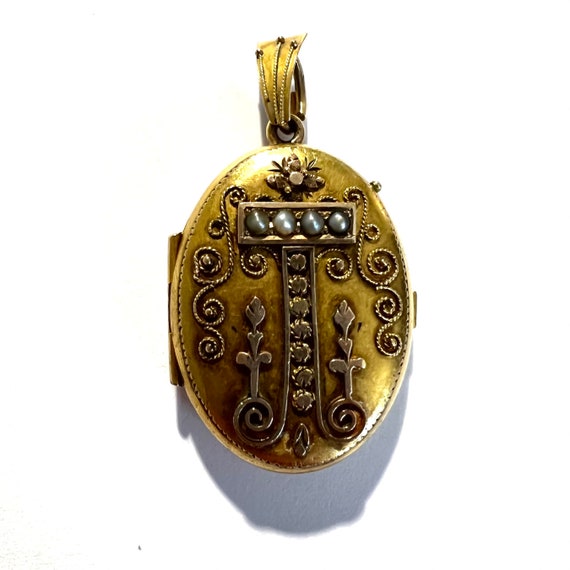 14k Victorian Etruscan Locket with Seed Pearls