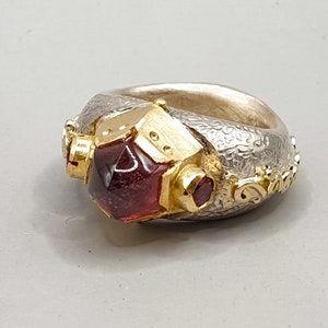 Ring, tourmaline and rubies, unique piece handmade, Byzantine style, silver - gold