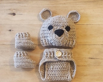 Crochet Teddy Bear Gift Set, Unisex Baby Gift,  Baby Shower Gift,  Photo Shoot Outfit