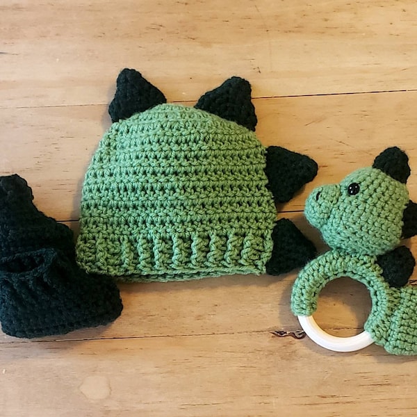 Crochet Dinosaur Baby Gift Set, Crochet Hat, Crochet Dinosaur Rattle, Crochet Baby Booties