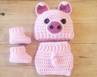 Crochet Pig Newborn Photo Prop Pig Baby Gift Set Pig Baby Shower Gift Crochet Pig Hat Baby Booties