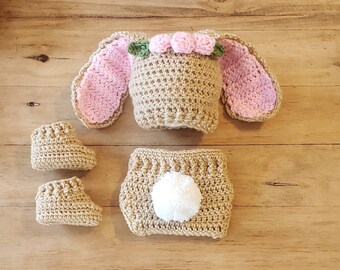 Crochet Bunny Baby Shower Gift Bunny Newborn Photo Prop Rabbit Baby Costume Crochet Bunny Hat Baby Booties