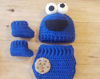 Crochet Cookie Monster Baby Photo Prop Baby Shower Gift, Cookie Monster Newborn Outfit Cookie Monster Hat Baby Booties