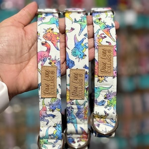 May include: Three dog collars with a white background and a colourful dinosaur pattern. Each collar has a metal D-ring and a brown leather tag that reads "Dixie Lane Collars".