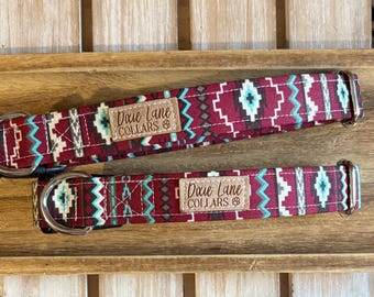 Maroon and Aqua Aztec Print Dog Collar, Southwestern Dog Collar, Dixie Lane Collars